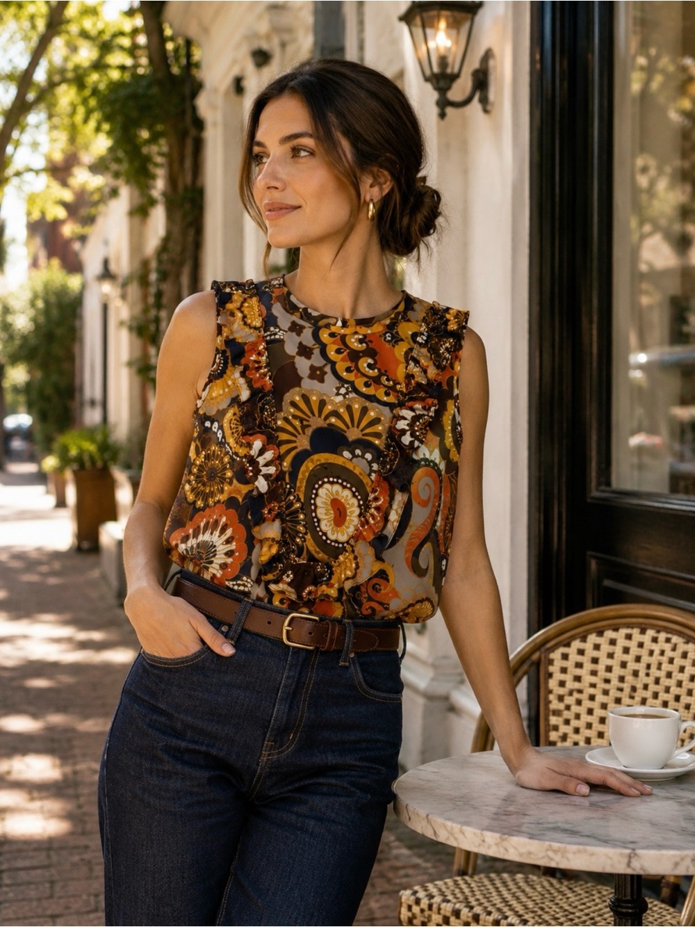 J.Crew 100% Silk Paisley Medallion Floral Ruffle Sleeveless Blouse Top Size 0